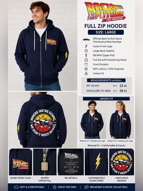 Back To The Future The Musical Full Zip Hoodie Large 88 MPH Graphic Navy